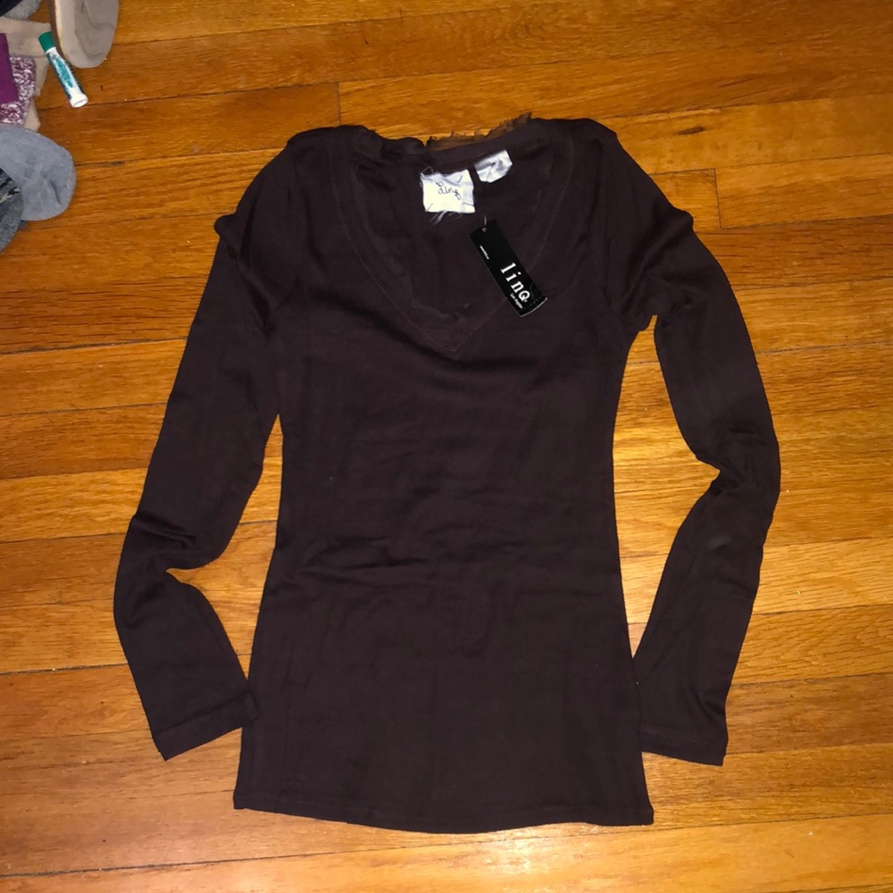 LinQ brown long sleeve t shirt with silk detail S NWT